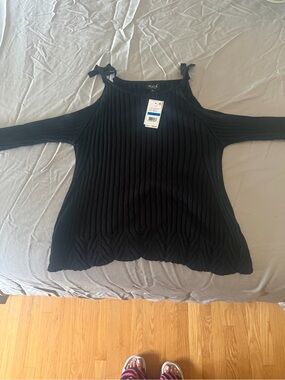 ECI Black Ribbed Cold-Shoulder Sweater with Tie Straps NWT